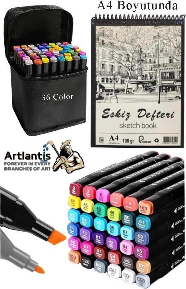 Eskiz Defteri A4 50 Yaprak 100 gr 1 Adet 36 Renk Çift Taraflı Marker Kalem 36 Adet Touch Çift Uçlu - Image 1