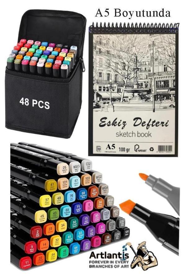 Eskiz Defteri A5 50 Yaprak 100 gr 1 Adet 48 Renk Çift Taraflı Marker Kalem 48 Adet Touch Çift Uçlu - Image 1