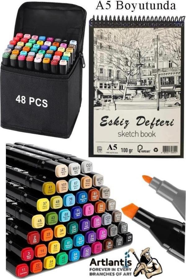 Eskiz Defteri A5 50 Yaprak 100 gr 1 Adet 48 Renk Çift Taraflı Marker Kalem 48 Adet Touch Çift Uçlu - Image 1