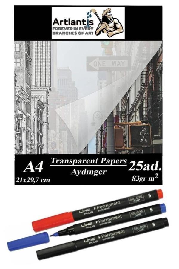Aydınger Kağıdı A4 83 gr 25'li 1 Paket Eskiz Kağıdı Lineplus Asetat Kalemi S 0.3 Siyah Kırmızı Mavi - Image 1