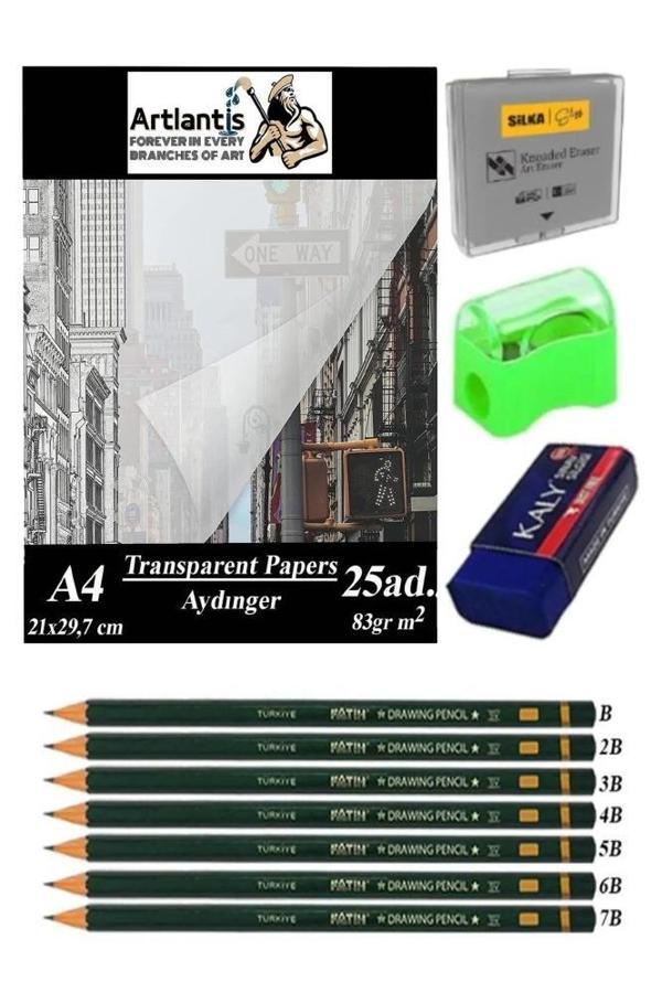 Aydınger Kağıdı A4 83 gr 25'li 1 Paket Eskiz Kağıdı Fatih Dereceli Kalem Hamur Silgi Sınav Silgisi Kalemtraş - Image 1