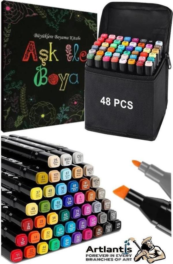 48 Adet Çift Taraflı Marker Kalem Çantalı 1 Paket 48 Renk Touch Markör Aşk İle Boya Mandala Büyüklere Boyama Kitabı - Image 1