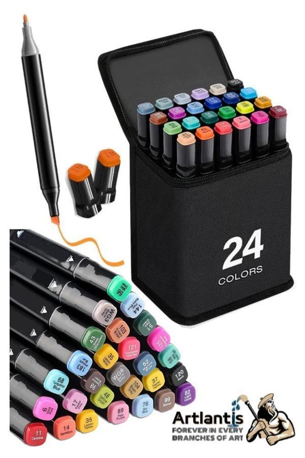 24 Adet Çift Taraflı Marker Kalem Çantalı 1 Paket 24 Renk Touch Markör Çift Uçlu Keçeli Kalem Sanat Tasarım Hobi - Image 1