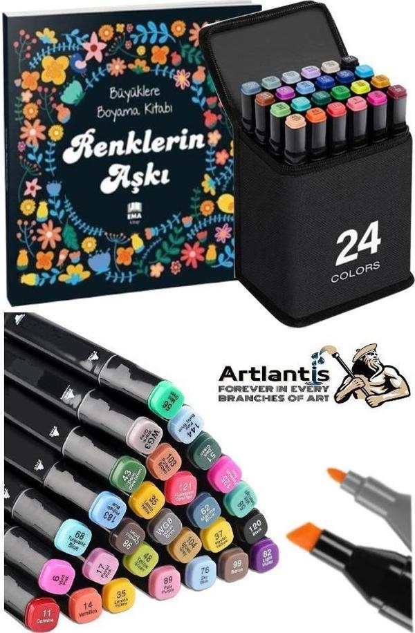 24 Adet Çift Taraflı Marker Kalem Çantalı 1 Paket 24 Renk Touch Markör Renklerin Aşkı Mandala Büyüklere Boyama Kitabı - Image 1
