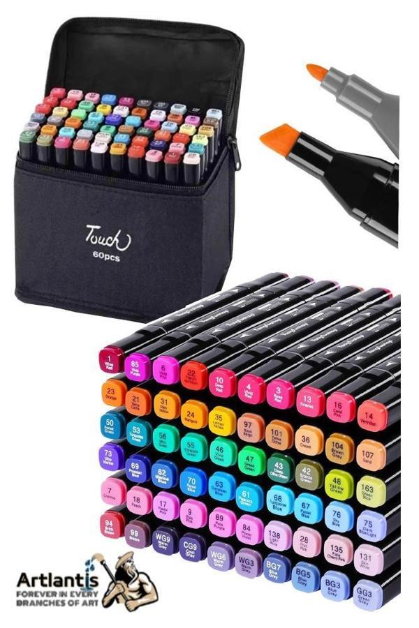 60 Adet Çift Taraflı Marker Kalem Çantalı 1 Paket 60 Renk Touch Markör Çift Uçlu Keçeli Kalem Sanat Tasarım Hobi - Image 1