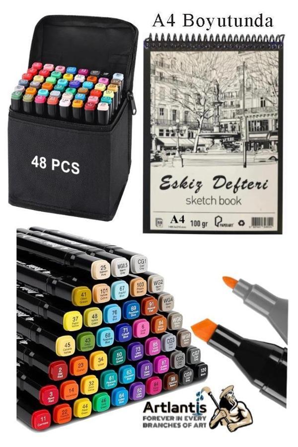 Eskiz Defteri A4 50 Yaprak 100 gr 1 Adet 48 Renk Çift Taraflı Marker Kalem 48 Adet Touch Çift Uçlu - Image 1