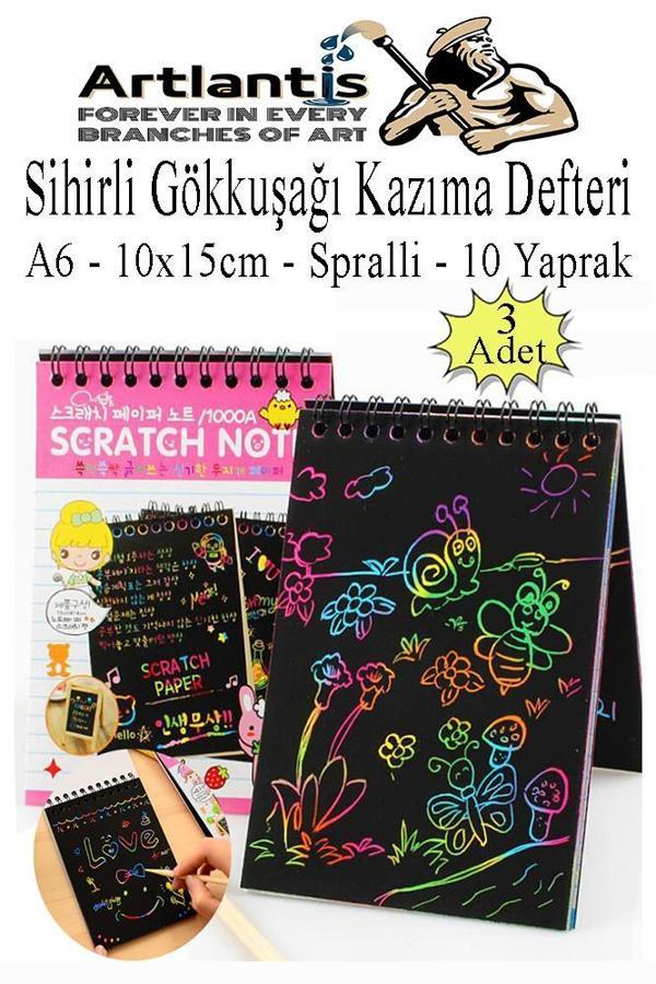 Sihirli Gökkuşağı Kazıma Defteri A6 10x15 cm 3 Paket 10 Sayfa Scratch Note Spralli Siyah Sihirli Resim Defteri - Image 1