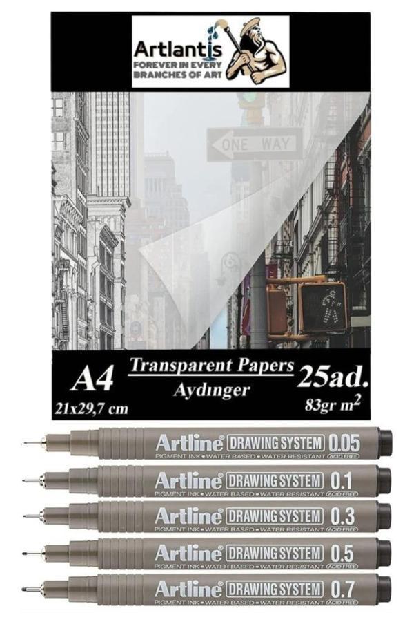 Aydınger Kağıdı A4 83 gr 25'li 1 Paket Eskiz Kağıdı Artline Teknik Çizim Kalemi Drawing System 5 Adet - Image 1
