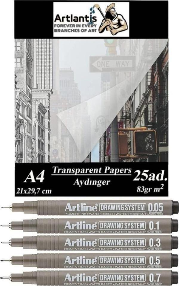 Aydınger Kağıdı A4 83 gr 25'li 1 Paket Eskiz Kağıdı Artline Teknik Çizim Kalemi Drawing System 5 Adet - Image 1