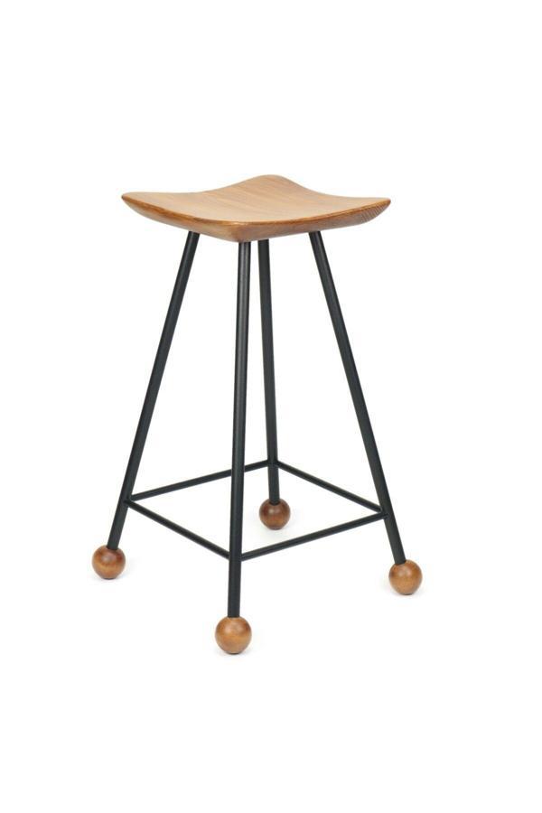 Wood Stone Art Tabure Sandalye Bar Taburesi 65 Cm Kavisli Kare Oturma Yeri Tabure Ahşap Demir Ayaklı Ahşap Topuzlu - Image 1