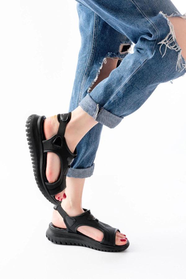 T-221 Siyah Spring Paraşüt Kumaş Lastikli Ortopedik Kadın Sandalet - Image 1