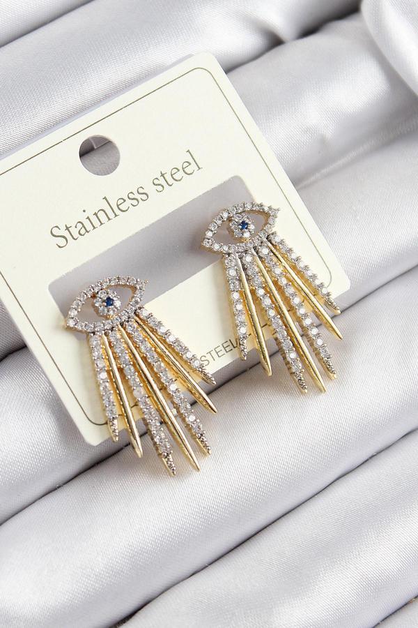 316L Çelik Zirkon Taşlı Göz Model Gold Renk Kadın Küpe - Image 1