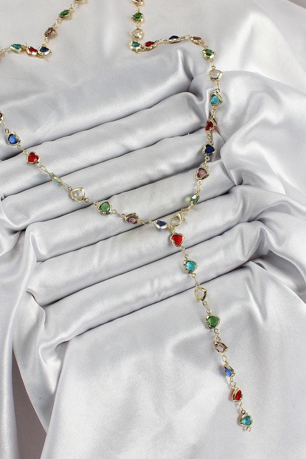 Pirinç Gold Renk Karışık Renk Zirkon Taşlı Kalpli Y Kadın Kolye SL12285 - Image 1