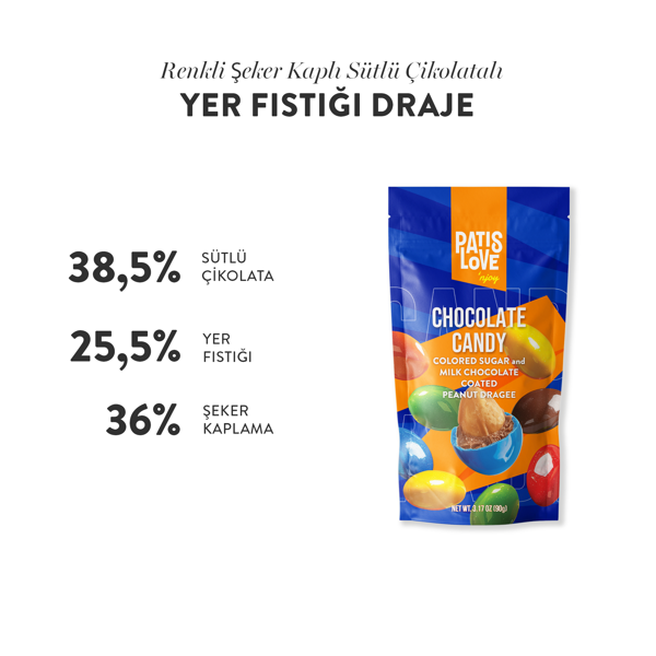 Patislove Renkli Şeker Kaplı Sütlü Çikolatalı Bütün Yer Fıstığı Draje, 90G - Image 1