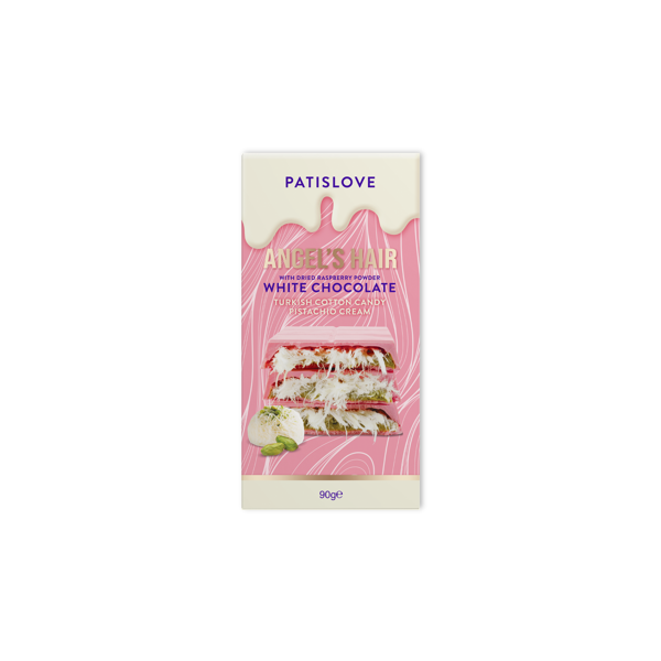 Patislove Antep Fıstığı Kremalı ve Pişmaniye Dolgulu Frambuaz Tozlu Beyaz Çikolata, 90G - Image 1