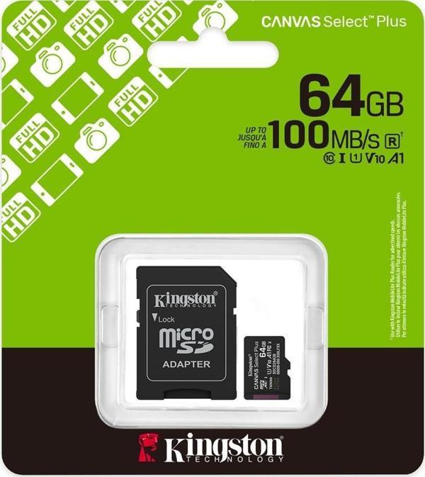 Kingston Sdcs3-64Gb 64Gb Microsdxc Canvas Select Plus Gen3 100Mb-S A1 Card + Adapter Hafıza Kartı - Image 1
