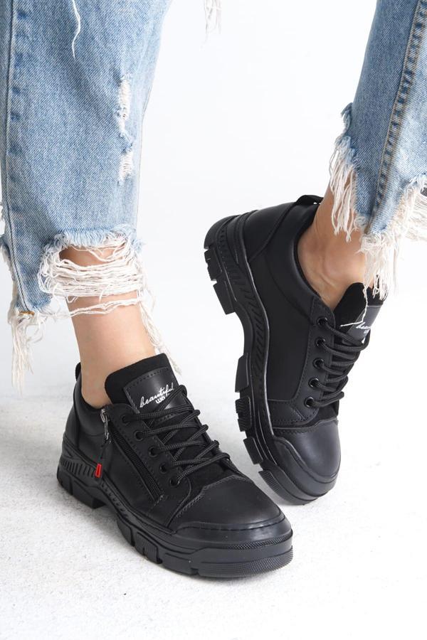 AGATHA Bağcıklı Fermuarlı Ortopedik Taban Kadın Sneaker Spor Ayakkabı CST - Siyah - Image 1