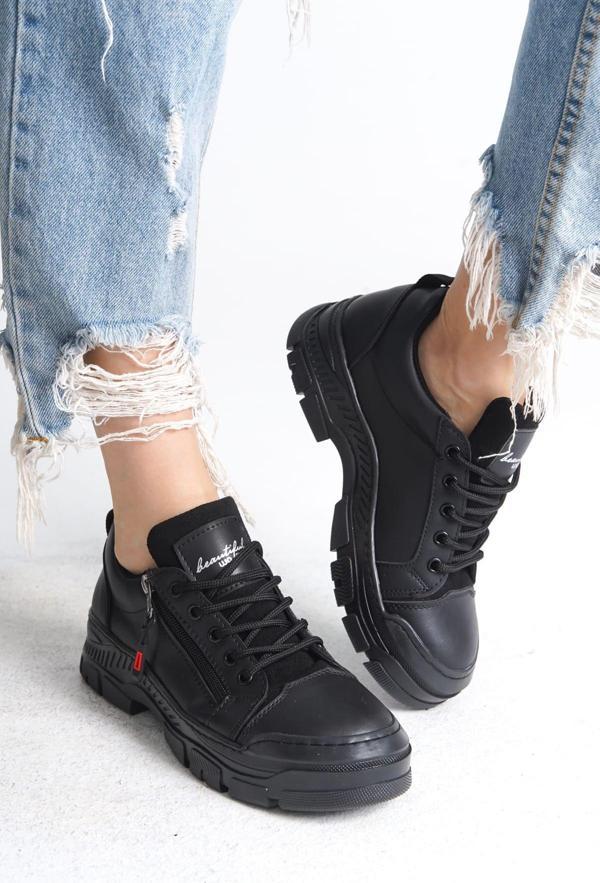 AGATHA Bağcıklı Fermuarlı Ortopedik Taban Kadın Sneaker Spor Ayakkabı CST - Siyah - Image 1