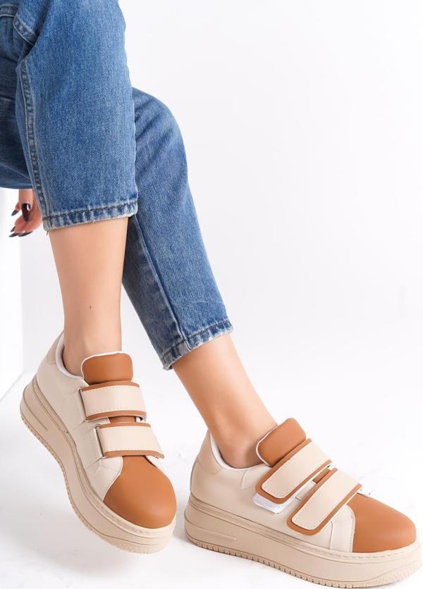 VALENCIA Bağcıksız Cırt Cırtlı Ortopedik Taban Kadın Sneaker Spor Ayakkabı CTT - Ten/Kahve - Image 1