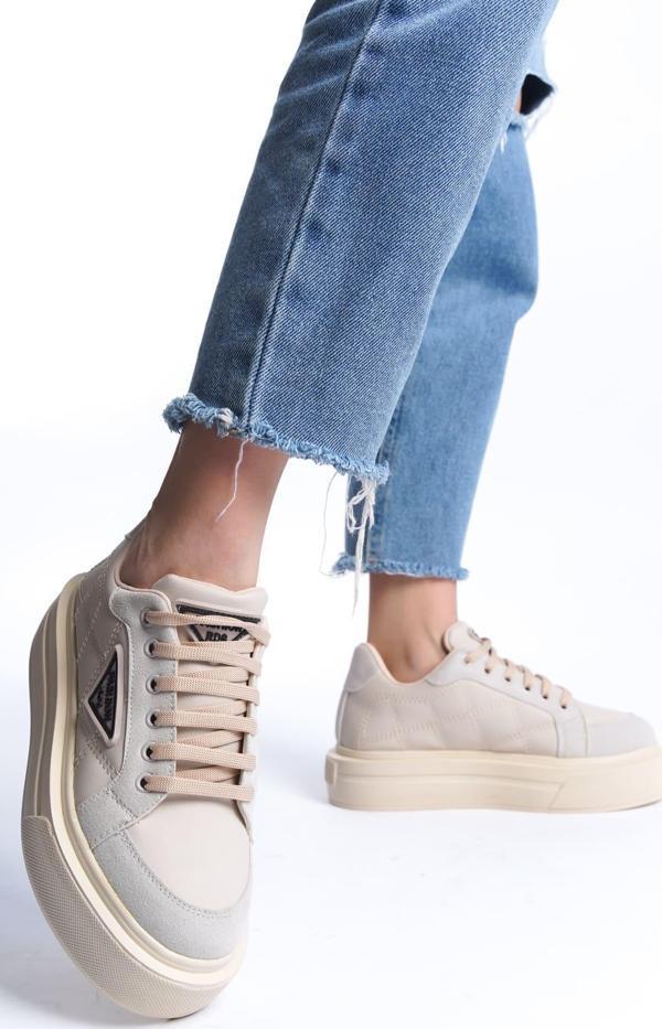 PRAG Bağcıklı Ortopedik Taban Desenli Kadın Sneaker Spor Ayakkabı  CKT - Krem - Image 1