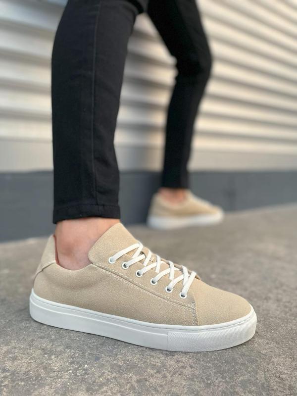 JY122 Mode Bağcıklı Süet Erkek Günlük Sneaker Ayakkabı SBT - Bej - Image 1