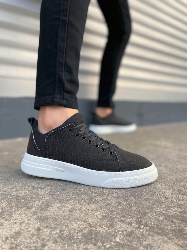 JY204 Flex Bağcıklı Keten Kumaş Erkek Günlük Sneaker Ayakkabı KBT - Siyah - Image 1
