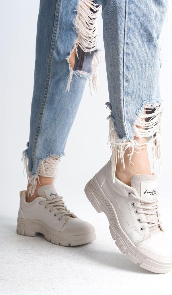 JANE Bağcıklı Ortopedik Taban Kadın Sneaker Spor Ayakkabı  CKT - Krem - Image 1