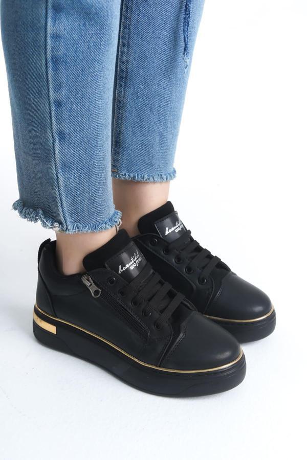 DINA Bağcıklı Fermuarlı Ortopedik Taban Kadın Sneaker Spor Ayakkabı  CST - Siyah/Altın - Image 1