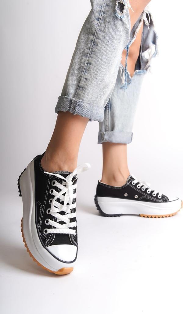 PARIS Bağcıklı Ortopedik Taban Kadın Sneaker Spor Ayakkabı  TBT - Siyah - Image 1