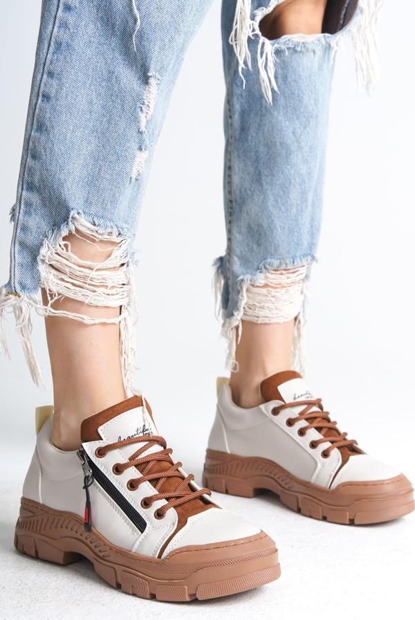 AGATHA Bağcıklı Fermuarlı Ortopedik Taban Kadın Sneaker Spor Ayakkabı  CTT - Krem - Image 1