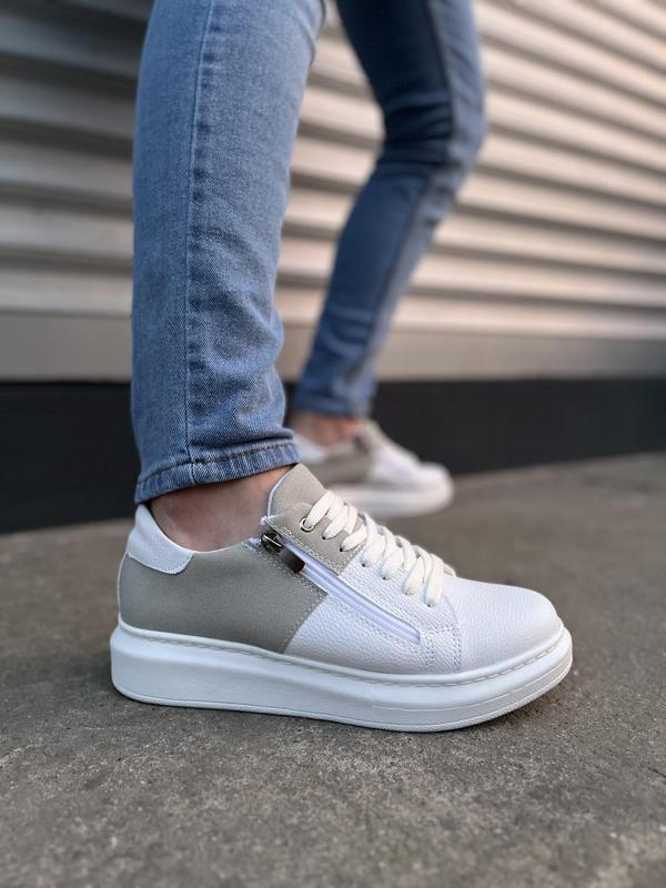 JY155 Warrior Bağcıklı ve Fermuarlı Cilt Süet Erkek Günlük Sneaker Ayakkabı CSBT - Beyaz/Gri - Image 1