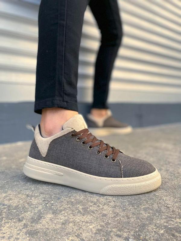 JY204 Flex Bağcıklı Keten Kumaş Erkek Günlük Sneaker Ayakkabı KKT - Kahverengi/Krem - Image 1