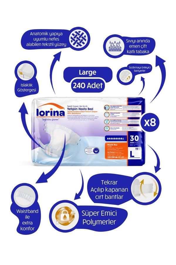 Lorina Tekstil Yüzeyli Bel Bantlı Yetişkin Hasta Bezi Large 30'Lu 8 Paket 240 Adet - Image 1