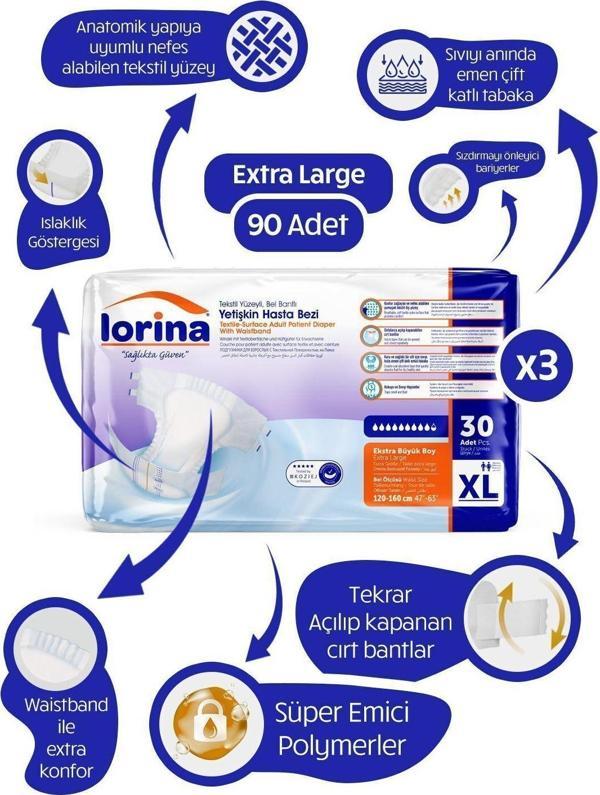 Lorina Tekstil Yüzeyli Bel Bantlı Yetişkin Hasta Bezi Xlarge 30'Lu 3 Paket 90 Adet - Image 1