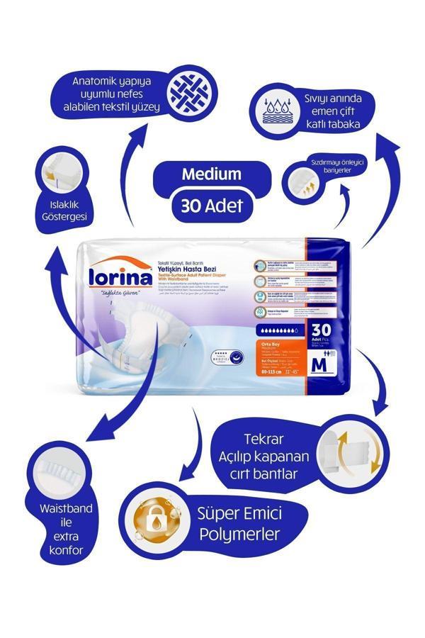 Lorina Tekstil Yüzeyli Bel Bantlı Yetişkin Hasta Bezi Medium 30'Lu Paket - Image 1