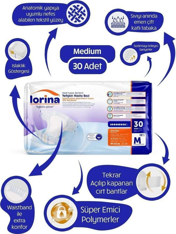 Lorina Tekstil Yüzeyli Bel Bantlı Yetişkin Hasta Bezi Medium 30'Lu Paket - Image 1