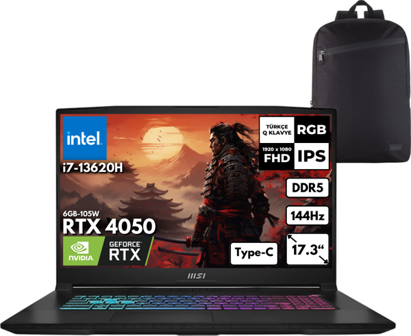 MSI Katana 17 i7-13620H 64-GBDDR5 1 TBSSD RTX4050 (8GB-105W) 17.3" FHD 144Hz Windows 10 Pro + HMF Sırt Çantası B13VEK-1035XTRHMF63 - Image 1