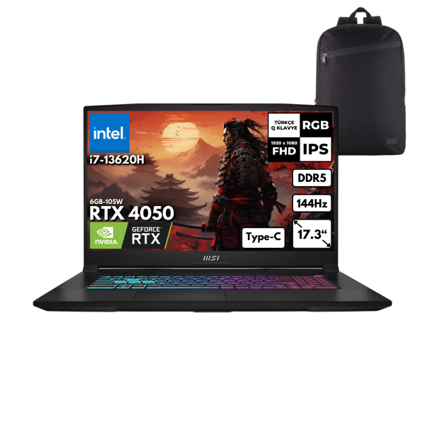 MSI Katana 17 i7-13620H 64-GBDDR5 512 GBSSD RTX4050 (8GB-105W) 17.3" FHD 144Hz Windows 11 Home + HMF Sırt Çantası B13VEK-1035XTRHMF58 - Image 1