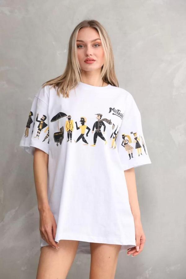Unisex Bisiklet Yaka Baskılı Oversize T-Shirt - Beyaz - Image 1