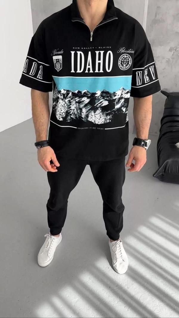 Unisex Baskılı Yarım Fermuarlı T-Shirt - Siyah - Image 1