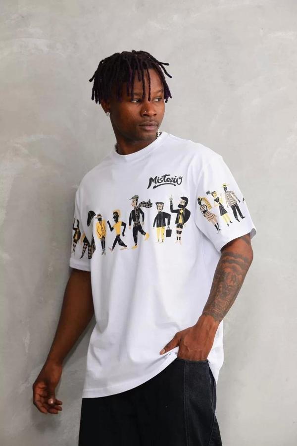 Unisex Bisiklet Yaka Baskılı Oversize T-Shirt - Beyaz - Image 1