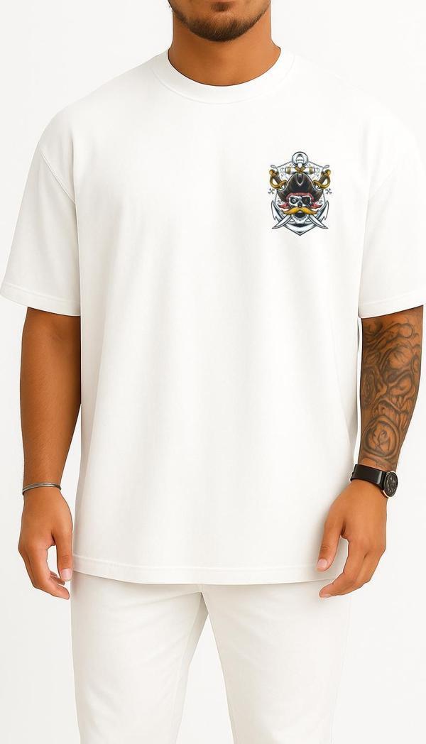Oversize Mustache Skull Pirate Cep Tasarımlı Unisex T-Shirt - Image 1