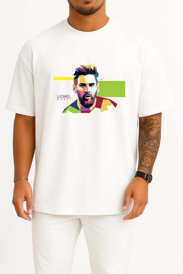 Oversize Colored Lionel Messi Göğüs Tasarımlı Unisex T-Shirt - Image 1