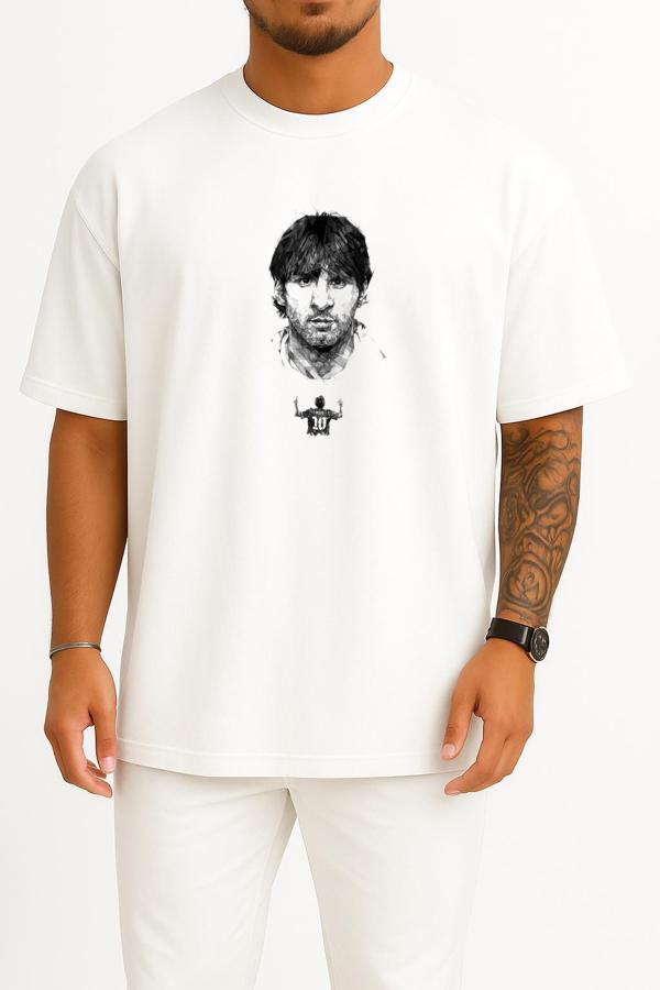 Oversize Lionel Messi Karakalem Göğüs Tasarımlı Unisex T-Shirt - Image 1