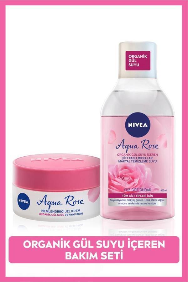 Aqua Rose Gül Suyu Çift Fazlı Micellar Makyaj Temizleme Suyu 400ml ve Nemlendirici Jel Krem 50ml - Image 1