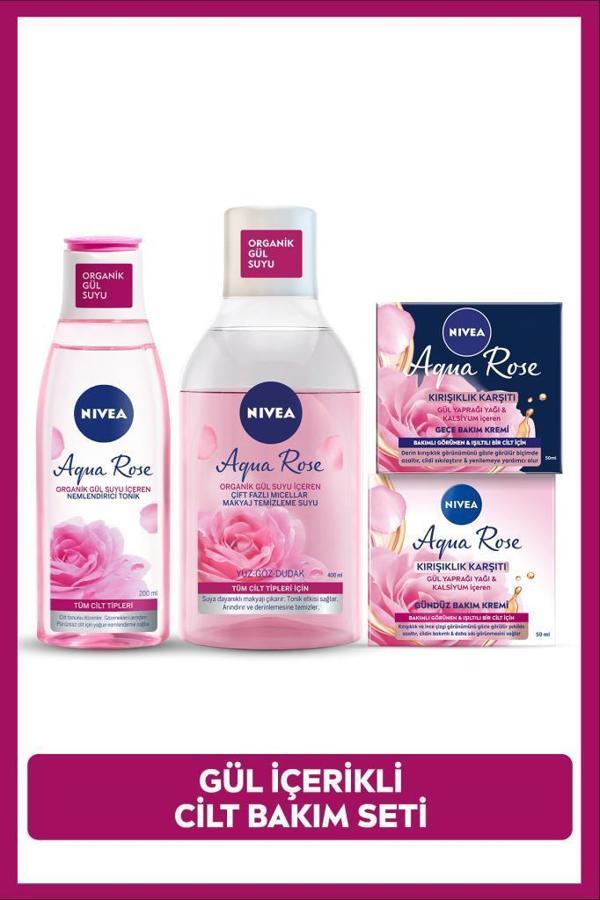 Aqua Rose Gül Suyu İçeren Çeyiz Seti, Makyaj Temizleme Suyu 400ml, Tonik 200ml, Gündüz ve Gece Kremi - Image 1