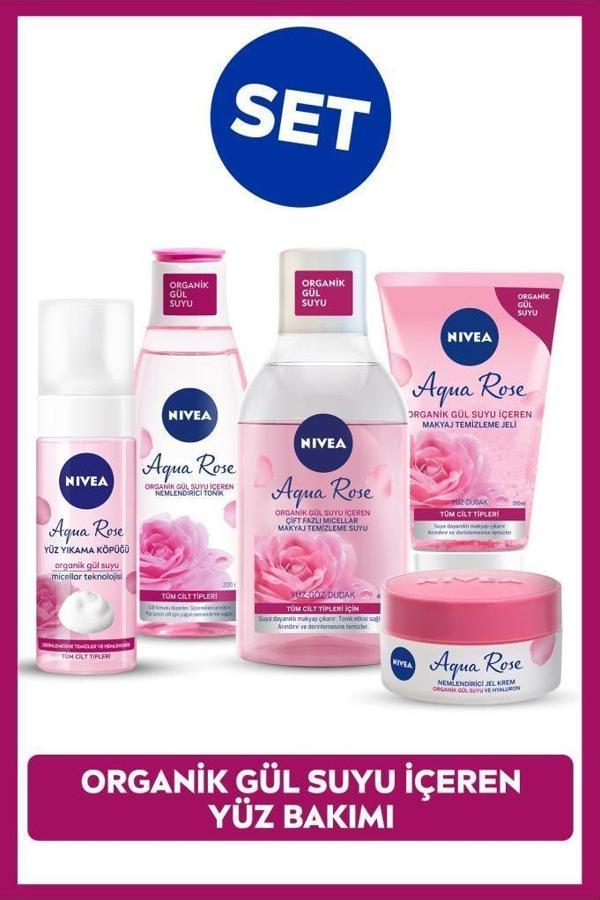 Aqua Rose Gül Suyu İçerikli Çeyiz Seti, Makyaj Temizleme Suyu ve Jeli, Yüz Yıkama Köpüğü, Tonik,Krem - Image 1