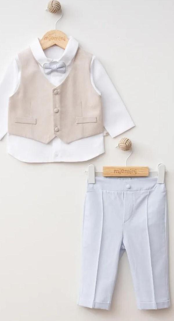 MİOMİNİ YELEKLİ UZUN KOL GÖMLEK PANTOLON TAKIM Bej - Image 1