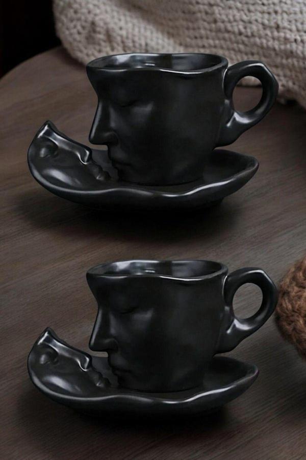 Mithra Life 2 Adet 260 ML Yüz Şekilli Seramik Siyah Fincan Takımı MIT1188 - Image 1