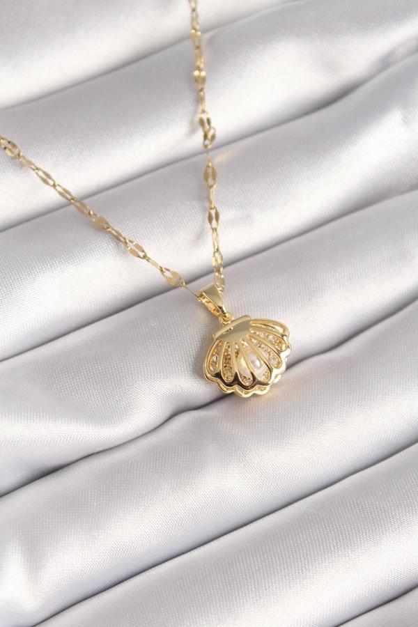 316L Çelik Gold Renk Zincir Açılır İstiridye Model İnci Zirkon Taş Detay Kadın Kolye 8396 - Image 1